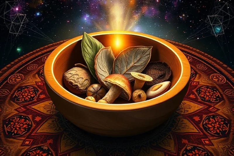 Ceremonial bowl with symbolic entheogenic plants and esoteric symbols