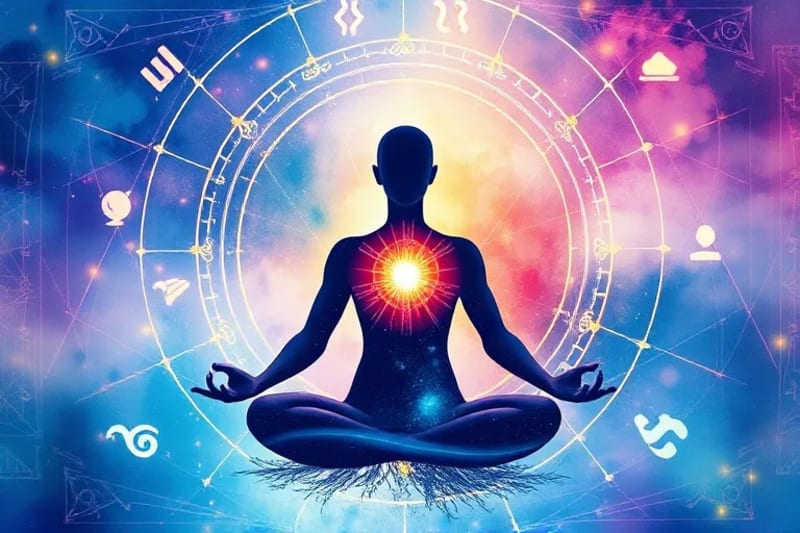 Stylized human silhouette meditating within a vibrant, abstract virtual reality environment with glowing data streams and geometric shapes.