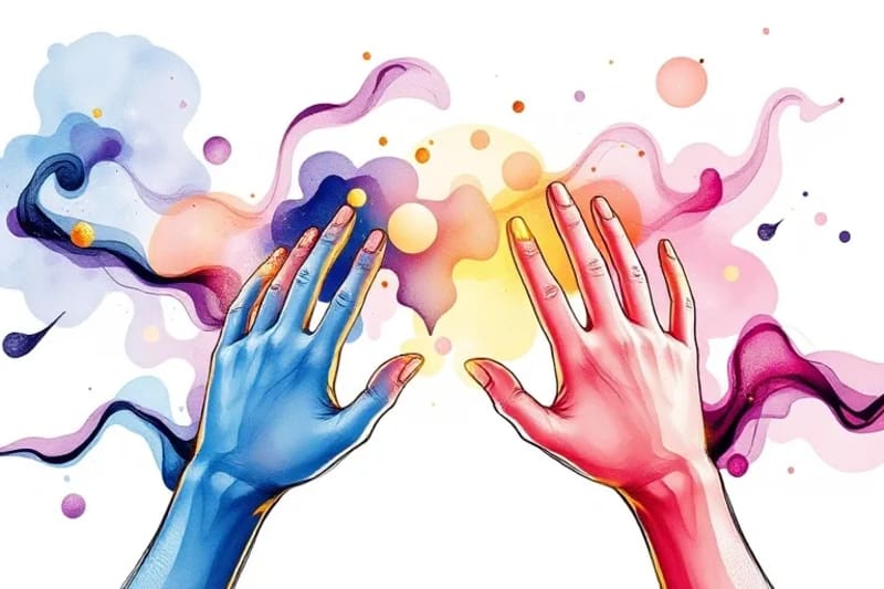 Vector art of hands interacting with glowing virtual objects, symbolizing tactile feedback and digital engagement.