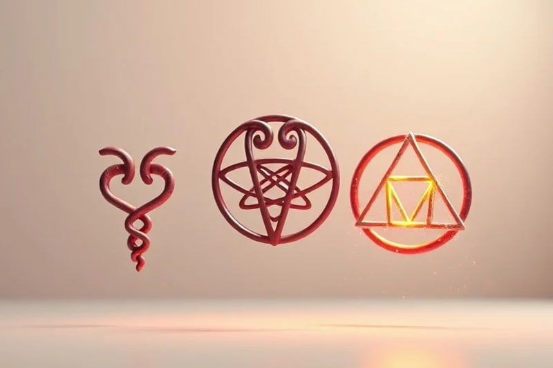 Collection of ancient alchemical symbols rendered with a futuristic, holographic glow, floating within a serene, minimalist virtual space.
