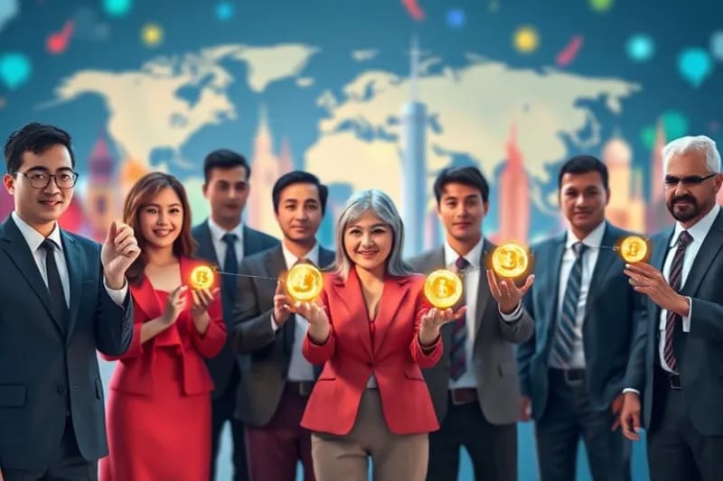 Grupo diverso de personas sosteniendo tokens digitales, con edificios globales de fondo, simbolizando la accesibilidad global a la inversión.