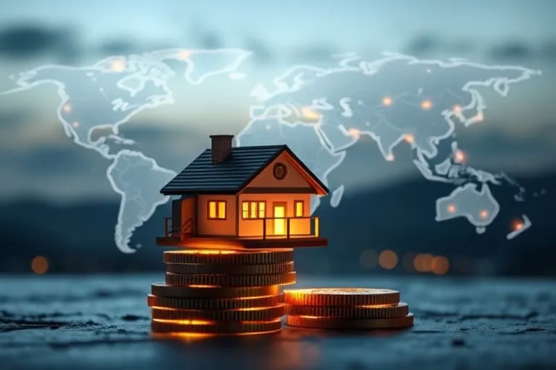 Maqueta de una casa sobre bloques de blockchain y monedas, con un mapa global de fondo, simbolizando el futuro de la inversión inmobiliaria.