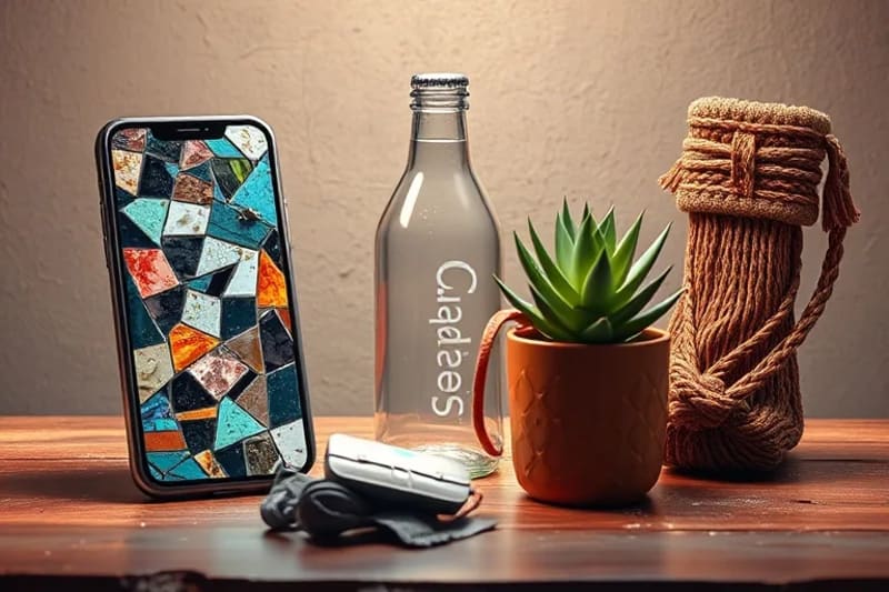 Artistic arrangement of repurposed items: a mosaic from a broken phone, a planter from a plastic bottle, and textiles woven into art.
