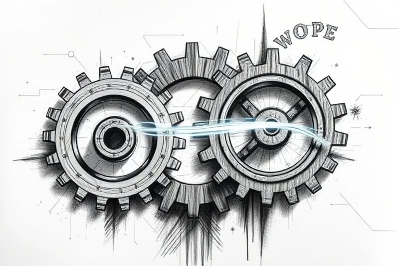 Abstract 3D render of interlocking gears made from sustainable materials, with glowing energy streams, symbolizing efficient resource cycles.