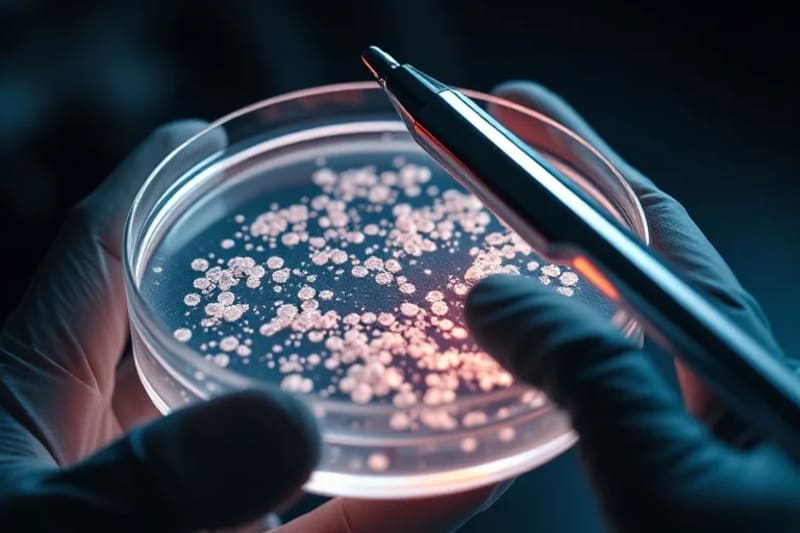 Placa de Petri con células brillantes, manos enguantadas manipulando una herramienta de edición genética con un rayo de luz.