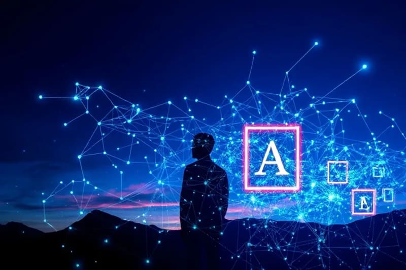 Red digital abstracta con nodos y líneas que representan vías genéticas, con formas geométricas brillantes que simbolizan marcos éticos y regulación.
