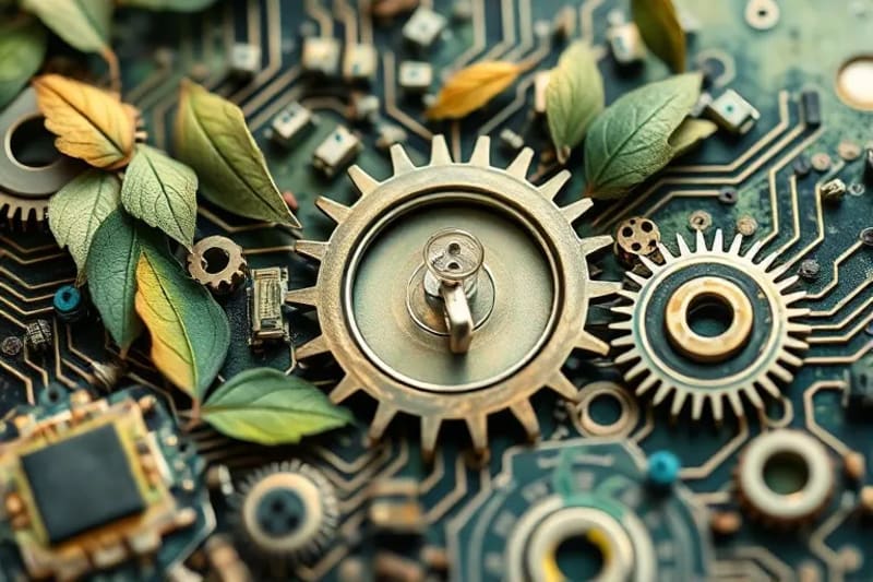 Watercolor painting of interconnected gears and leaves symbolizing business and nature.