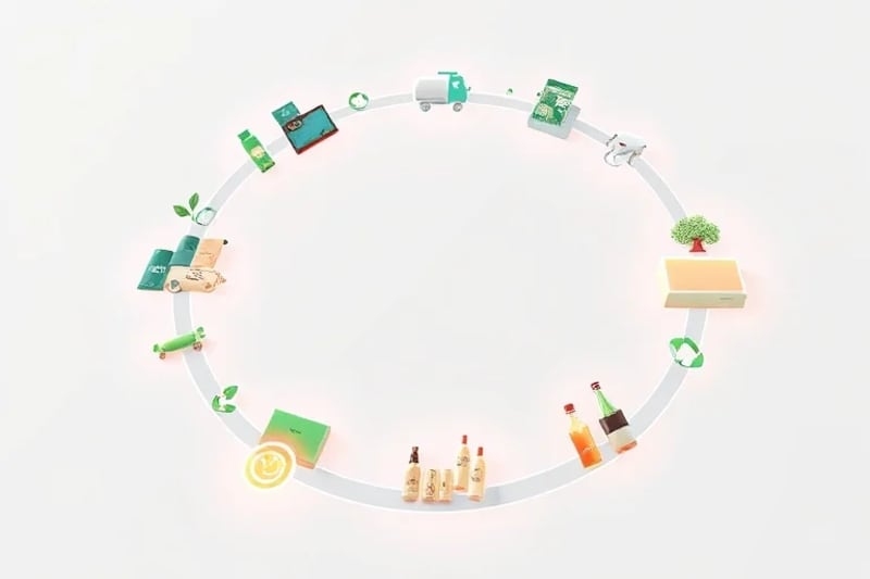 3D render of a stylized, futuristic supply chain loop with glowing lines.