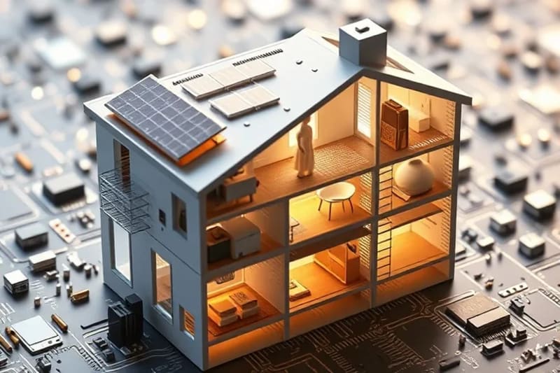 3D render of a sustainable building cross-section with human figure