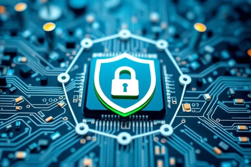 Escudo de privacidad y candado entrelazados con una red de formas geométricas y figuras humanas estilizadas, simbolizando la protección de datos en entornos urbanos.
