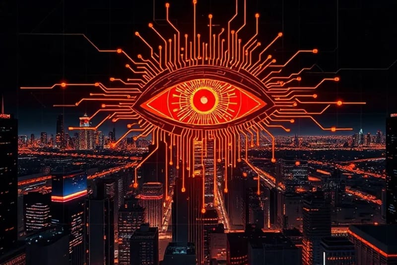 Ojo abstracto compuesto de circuitos electrónicos que emite haces de luz sobre una ciudad fragmentada, simbolizando la vigilancia y el análisis de datos algorítmico.