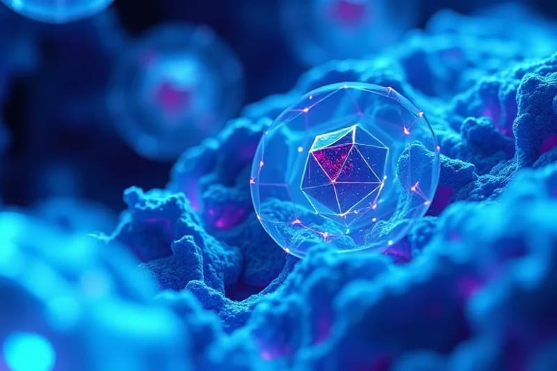 Representación abstracta de nanoplásticos interactuando con células