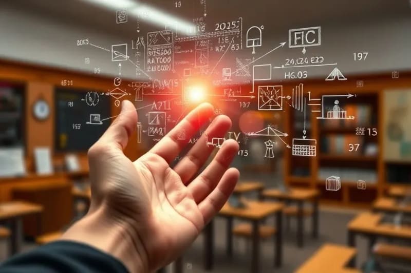 Mano de estudiante interactuando con una interfaz holográfica que muestra ecuaciones matemáticas y modelos 3D, reflejando el aprendizaje inmersivo.