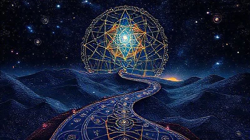 Stylized path winding through abstract numbers and symbols, leading to a bright light