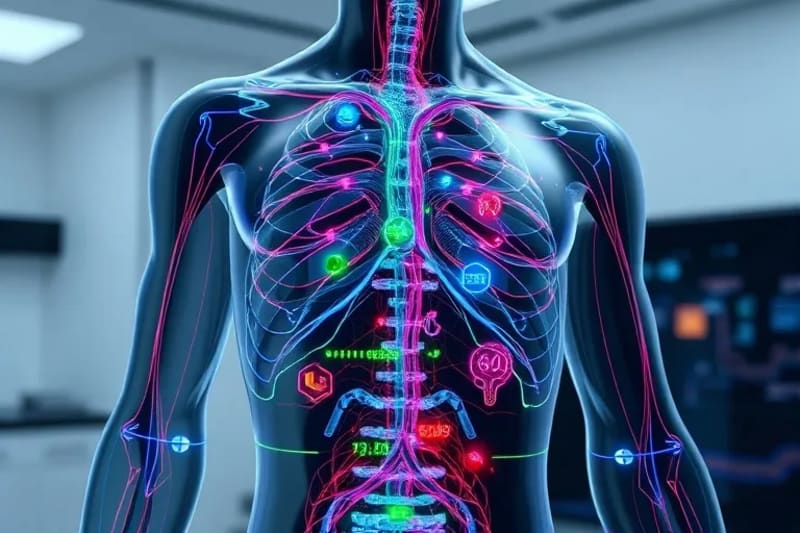 Representación visual de datos de biohacking en un cuerpo humano