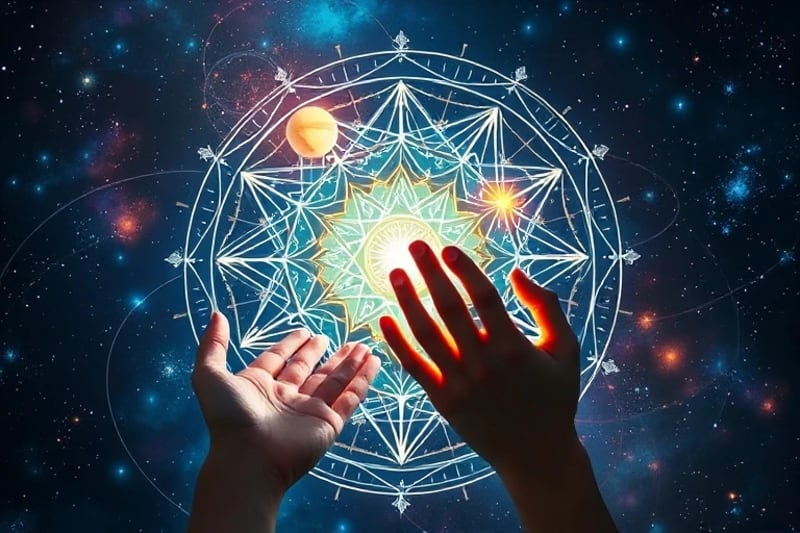Manos de persona interactuando con interfaz holográfica de arte generativo