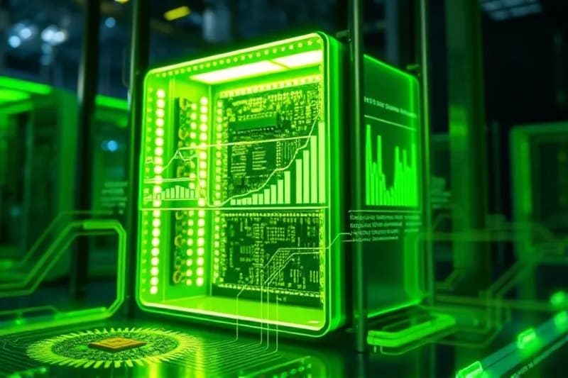 Render 3D de un servidor de alta tecnología con luces verdes y una interfaz holográfica mostrando gráficos de consumo energético y huella de carbono, simbolizando la sostenibilidad y eficiencia en centros de datos.
