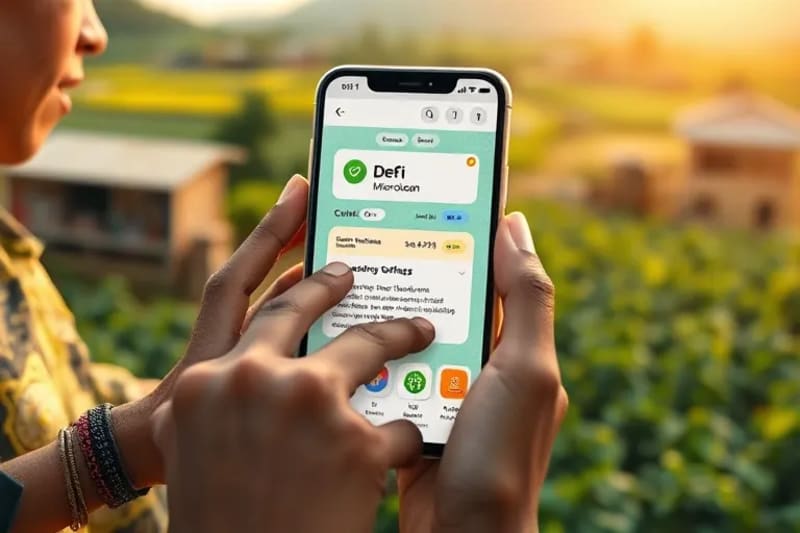 Hands holding a smartphone displaying a DeFi microloan application against a backdrop of Latin American agricultural fields, symbolizing digital empowerment.