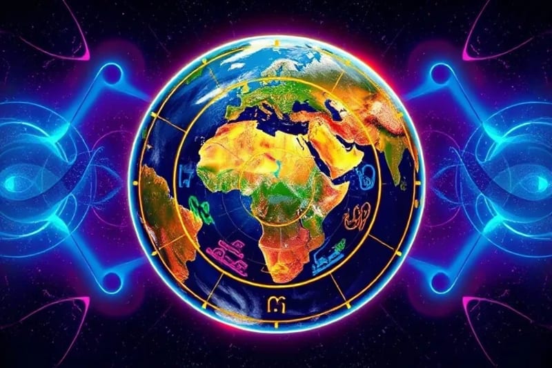Stylized Earth with zodiac wheel showing abstract societal shifts like agriculture and technology.