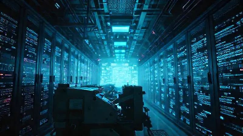 Antigua imprenta en contraste con proyecciones holográficas de texto futurista