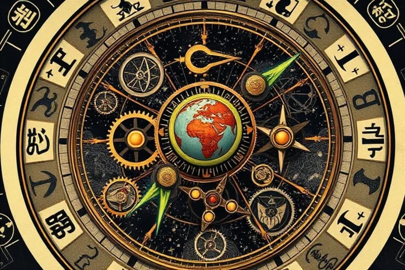 Intricate clockwork mechanism with gears representing planetary movements and historical timelines, integrated with symbols of collective human thought.