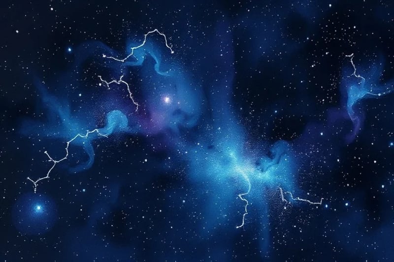 Ancient celestial map with zodiac constellations glowing, cosmic dust swirling, deep blues and purples.