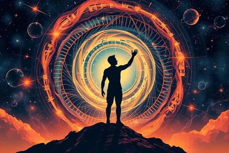 Digital painting of a human silhouette reaching into a cosmic vortex, representing self-discovery and transformation.