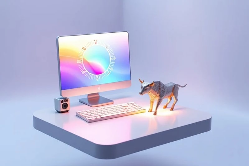 3D render of a harmonious digital workspace with glowing tech and zodiac sculpture