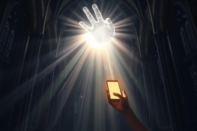 Mano divina alcanzando a una persona que suelta un dispositivo digital