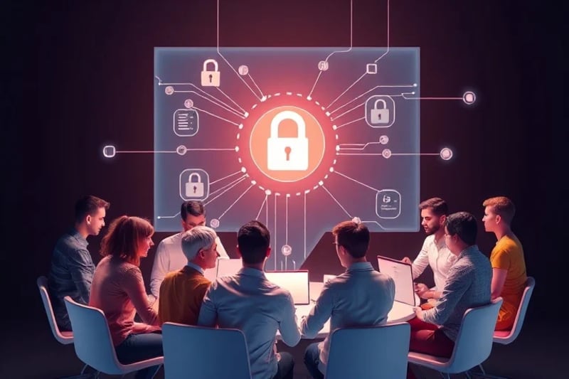 Startup team collaborating on a secure network diagram