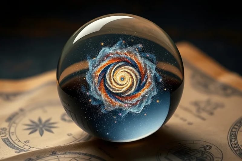 Miniature galaxy in glass sphere on ancient astrological scroll