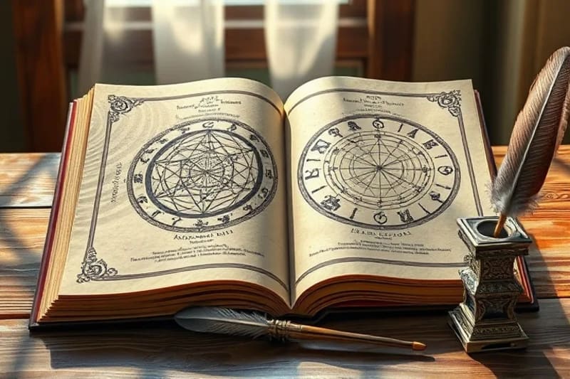 Ancient grimoire with sacred geometry and astrological glyphs