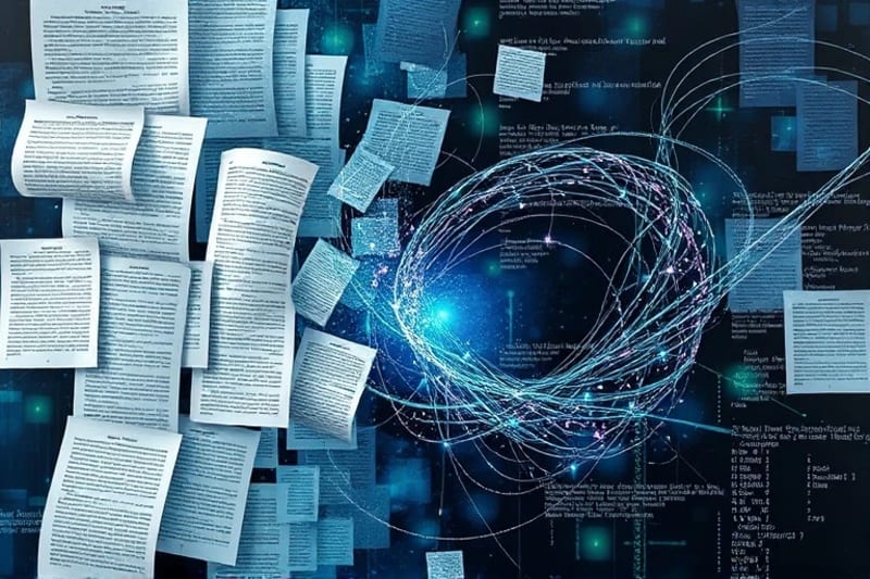 Abstract oil painting of legal texts and code snippets