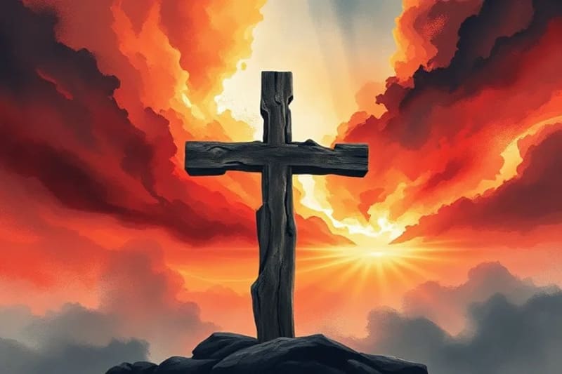 Cruz de madera rústica con cielo tormentoso, colores vibrantes