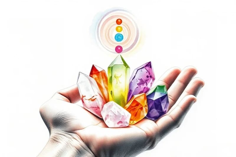Mano sosteniendo cristales coloridos y energía de chakras