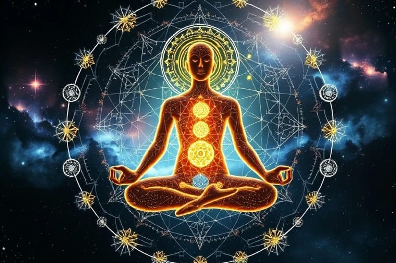 Silueta meditante con chakras activados y cristales flotando en un espacio cósmico