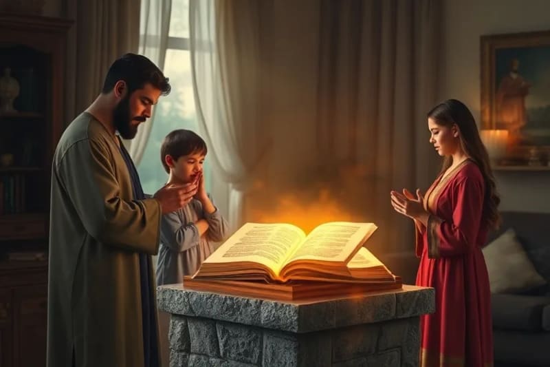 Familia rezando y bendiciendo su hogar con agua bendita