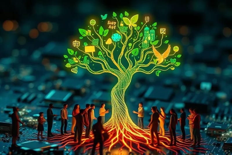 Diverse individuals collaborating to nurture a symbolic tree, representing community growth and shared prosperity through social initiatives.