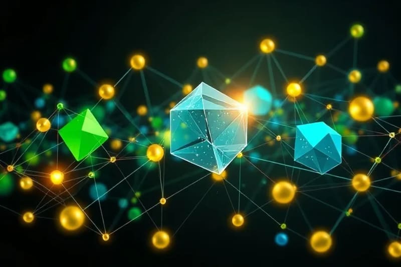 Abstract geometric shapes in green, blue, and gold, interconnected to represent circular economy principles and sustainable value creation.