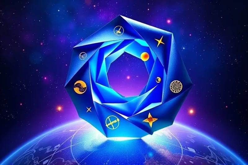 Golden Ratio spiral overlaid on a celestial sphere with planetary symbols
