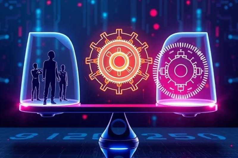 Infografía vectorial de una balanza equilibrada, con figuras abstractas de trabajadores y un circuito digital, simbolizando la mediación algorítmica en conflictos laborales.
