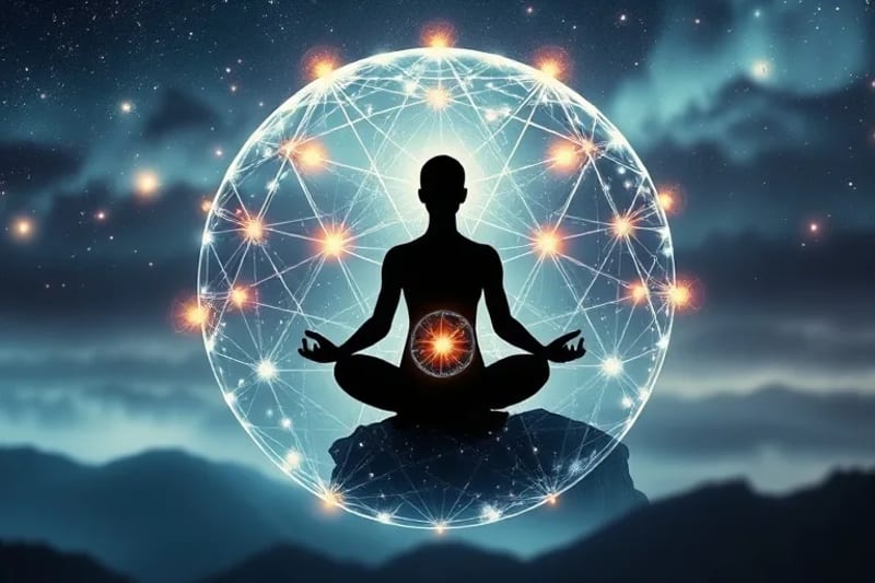 Silueta meditando con energía astral guiada por manos etéreas