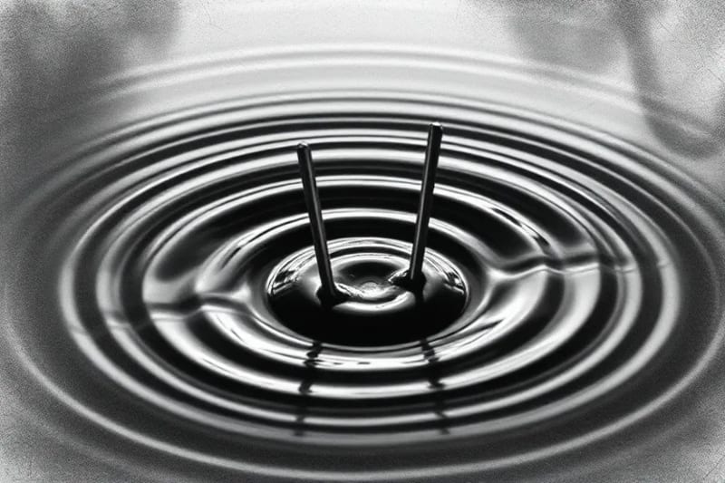 Extreme close-up of a vibrating tuning fork creating ripples in water