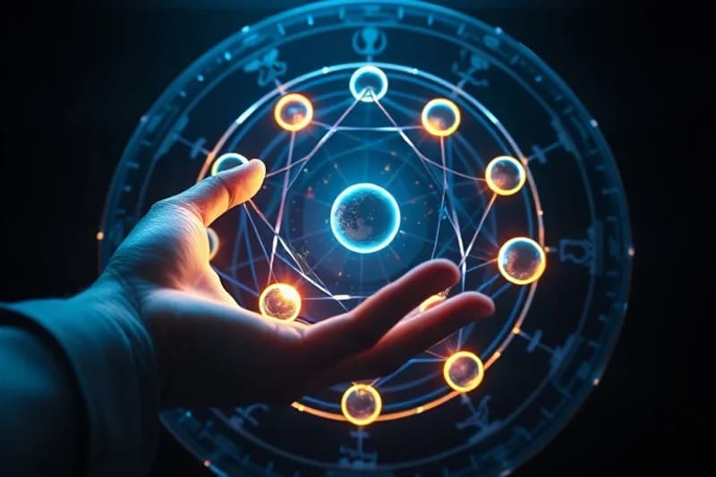 Holograma tridimensional de carta natal con geometría sagrada y mano interactuando