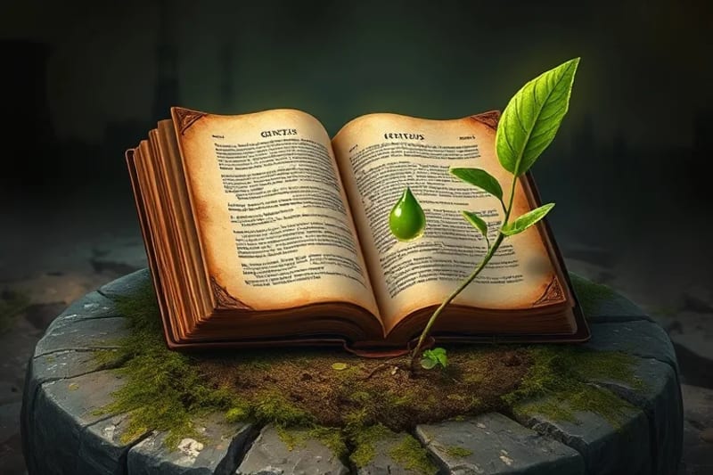 Biblia abierta sobre una roca con una planta luchando y gotas de agua contaminada y pura.