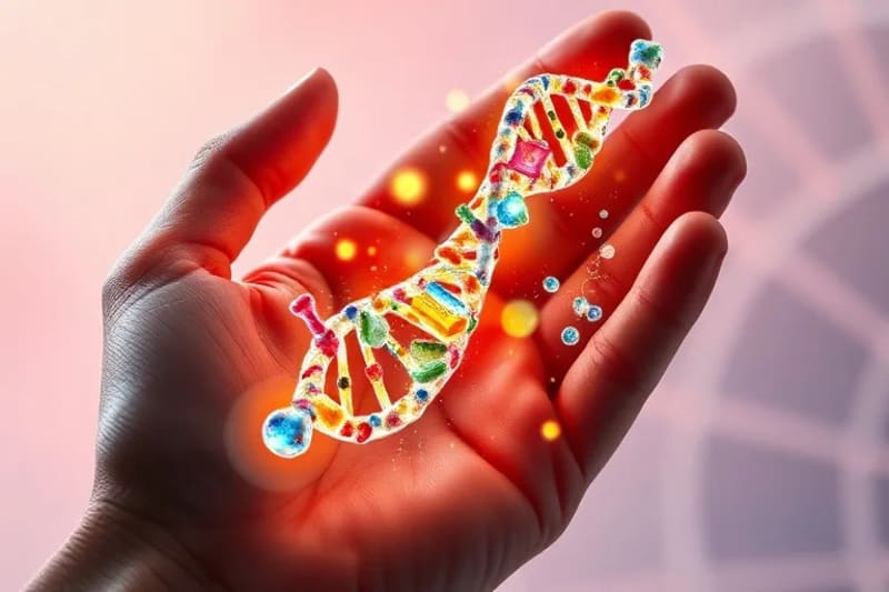 Mano humana sosteniendo una hélice de ADN entrelazada con moléculas de alimentos estilizadas, sobre un fondo abstracto y vibrante.