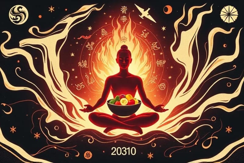 3D render of a stylized human silhouette meditating amidst swirling elemental symbols and subtle Chinese Zodiac glyphs, holding a bowl of colorful foods.