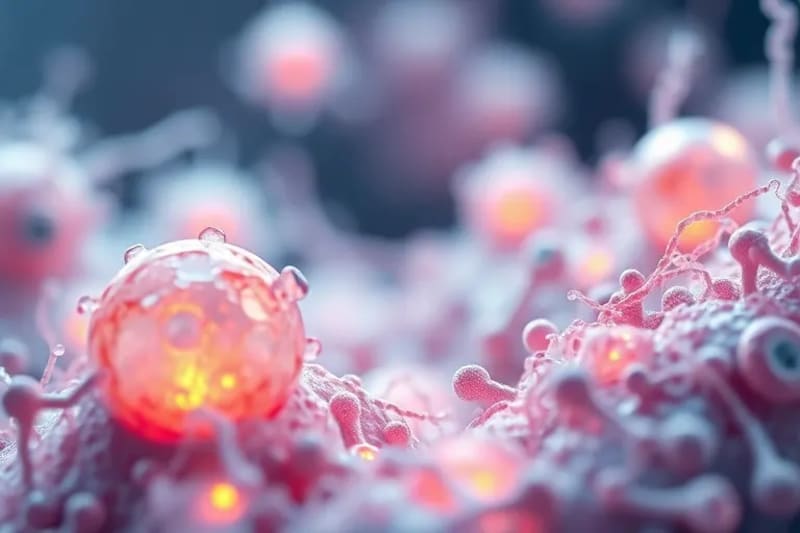 Vista microscópica de células senescentes dañadas siendo eliminadas por compuestos senolíticos brillantes, con células sanas emergiendo.