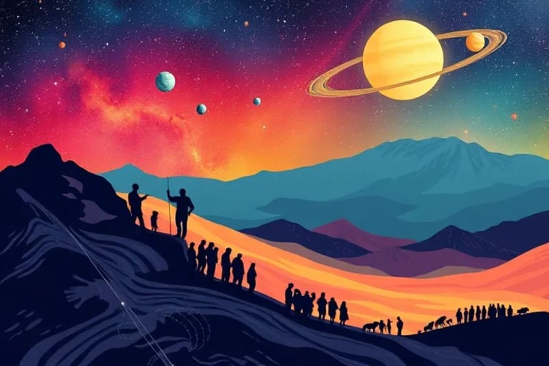A stylized timeline with planetary symbols marking different eras and silhouettes of people representing generational influence.