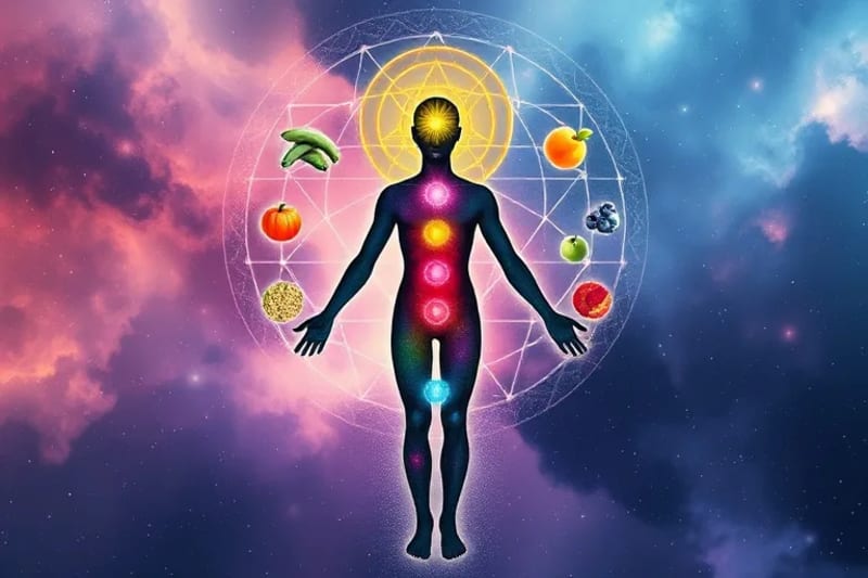 Ilustración acuarela de un cuerpo humano con chakras brillantes y alimentos asociados a cada centro energético.